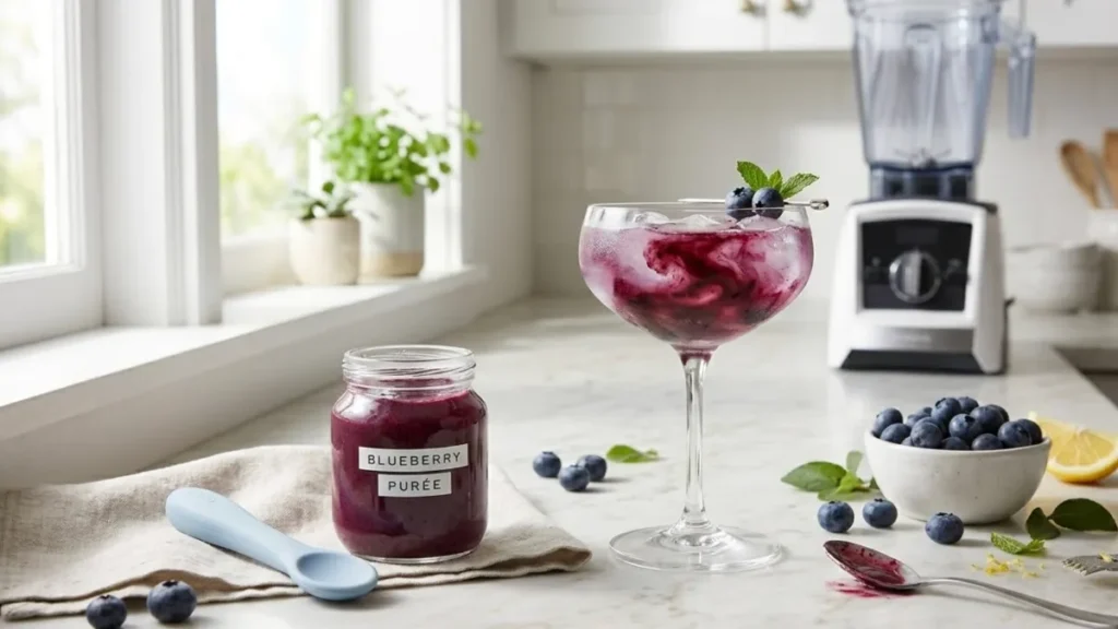 Smooth blueberry purée served in a baby jar and cocktail glass with fresh blueberries on the side