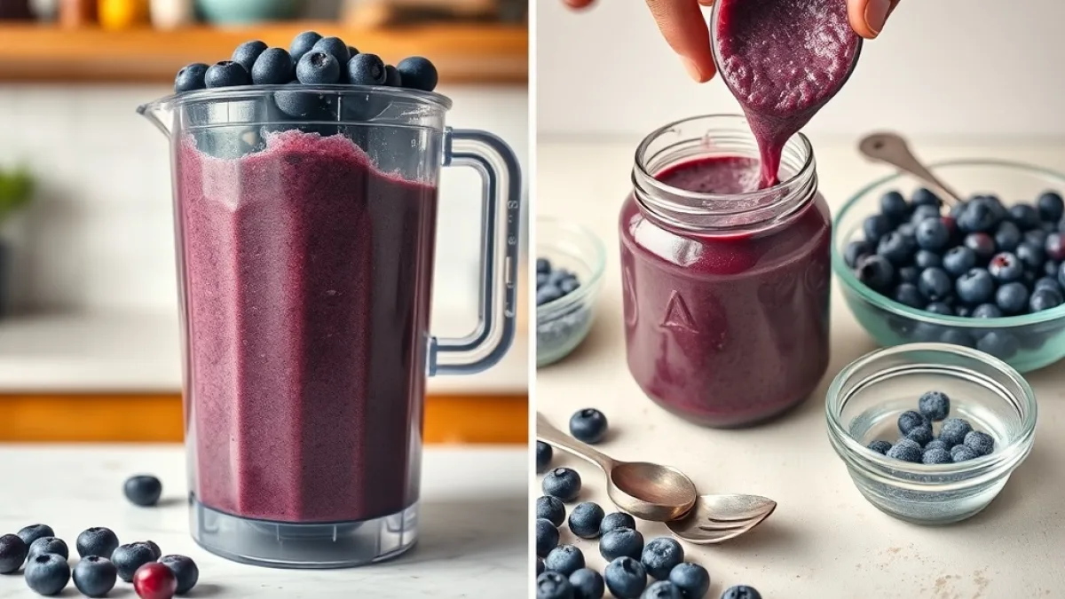 Blueberries being blended into smooth puree with food processor and glass jars