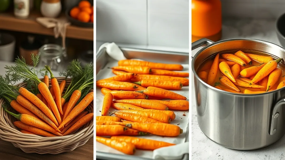 Three different carrot cooking methods showing steaming roasting and boiling techniques