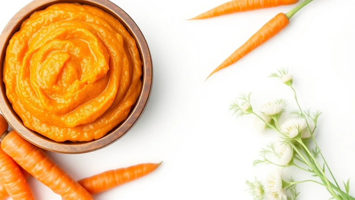 Bowl of orange carrot puree showing nutritional content for babies