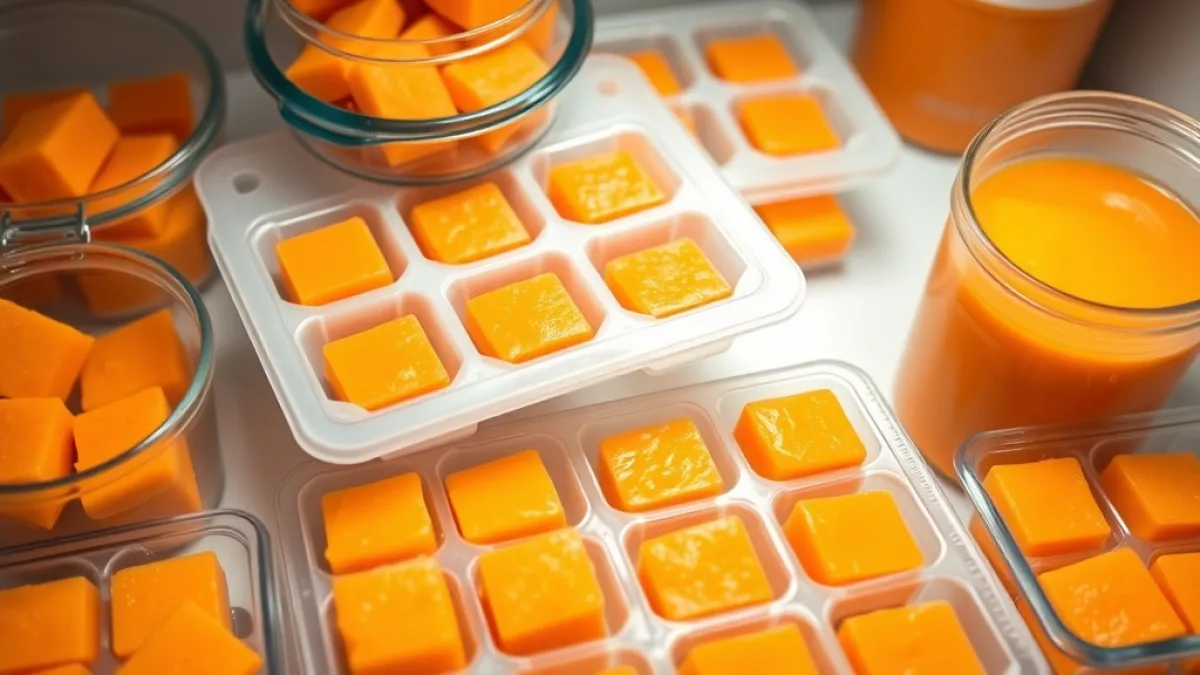Frozen carrot puree in ice cube trays and storage containers