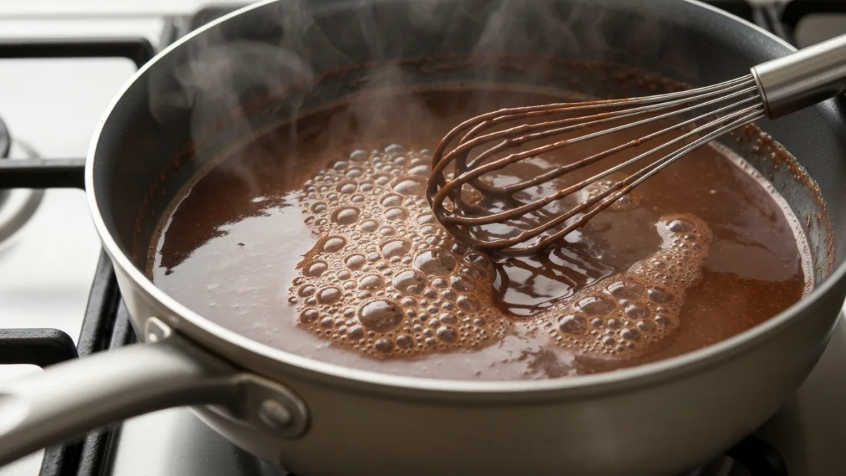 Chocolate syrup mixture simmering in saucepan with whisk during cooking process
