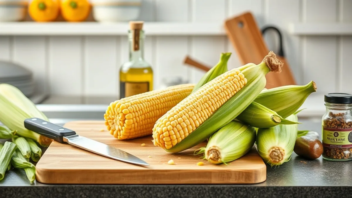 Fresh corn cobs with knife and seasonings for corn ribs recipe