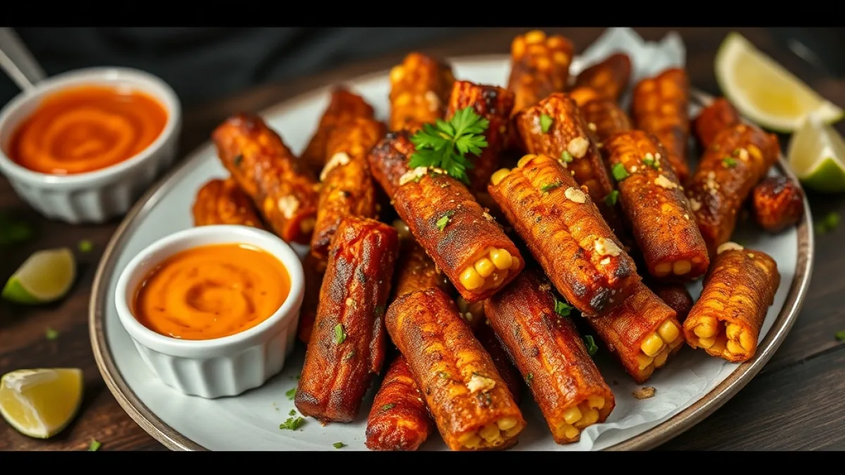 Corn ribs platter with chipotle crema and sriracha mayo dipping sauces