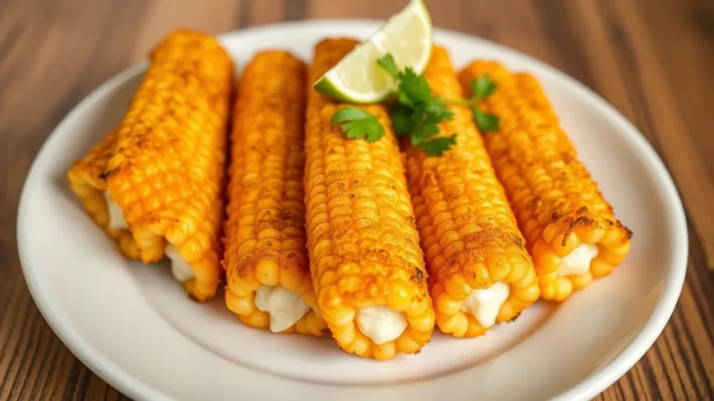 Perfectly curled and crispy corn ribs on plate with lime garnish
