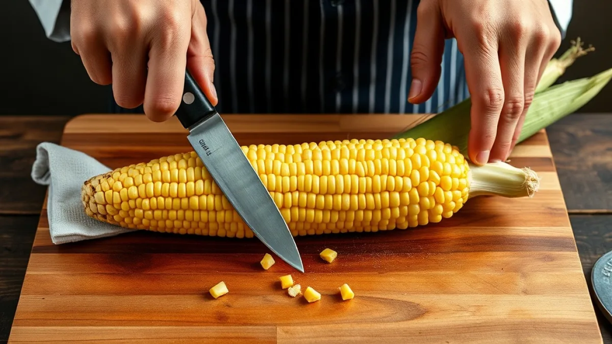Hands safely cutting corn cob lengthwise with sharp chef's knife