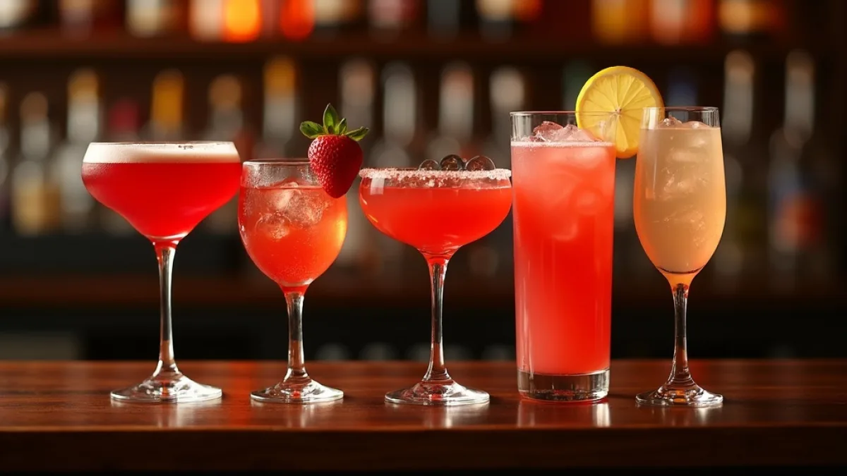 Five different strawberry cocktails made with puree arranged on bar counter