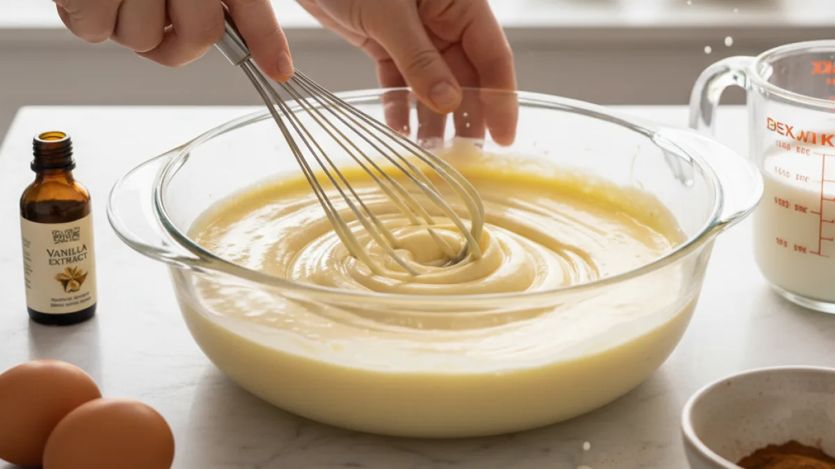 Hands whisking French toast custard mixture with eggs and milk in glass dish