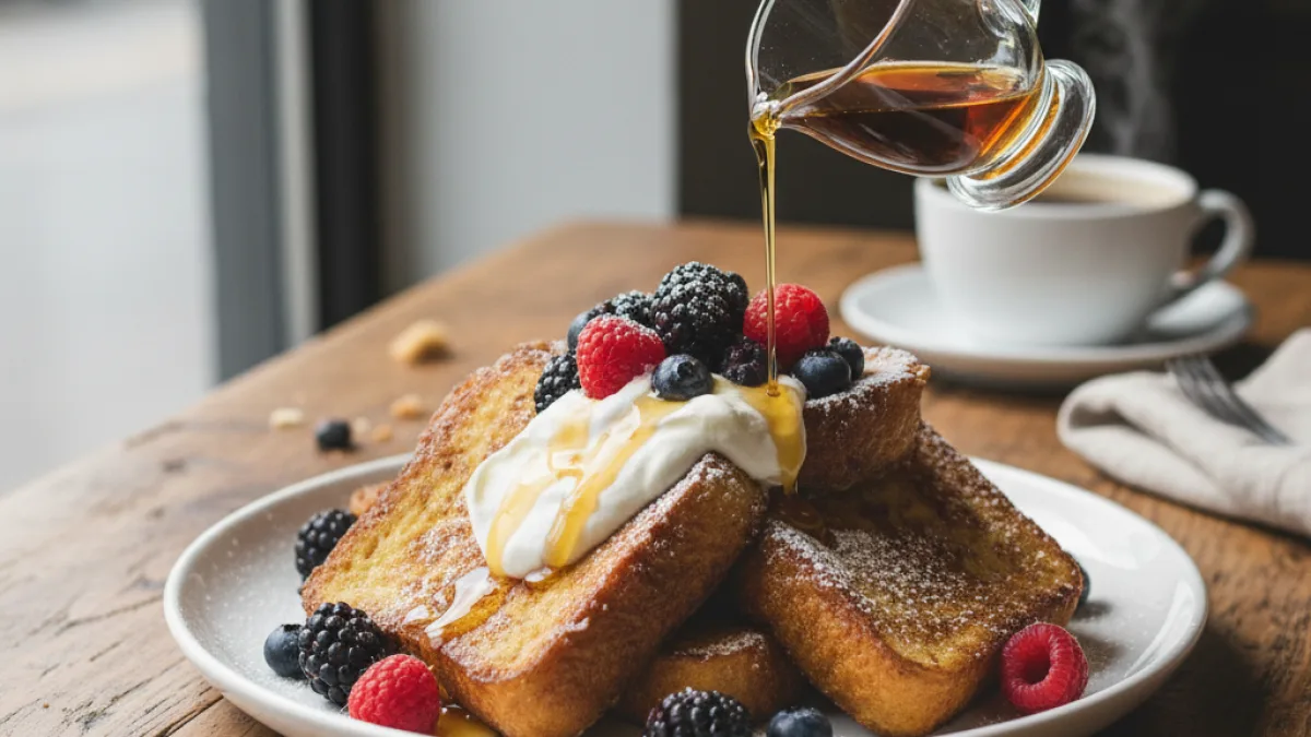 Challah French toast with fresh berries, whipped cream, and maple syrup toppings