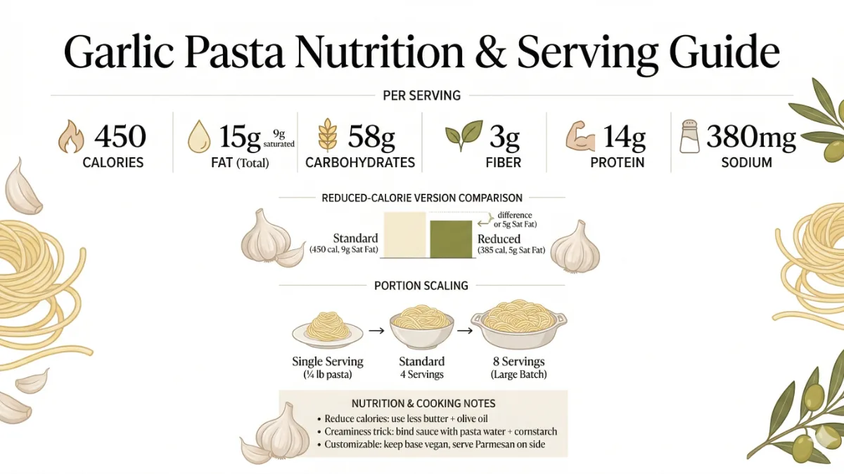 A clean, magazine-style nutrition infographic titled 'Garlic Pasta Nutrition & Serving Guide' on a white background with olive and garlic illustrations. The top section displays per-serving values: 450 calories, 15g fat (9g saturated), 58g carbohydrates, 3g fiber, 14g protein, and 380mg sodium, each with a corresponding icon. A middle section compares a standard serving to a reduced-calorie version (385 calories, 5g saturated fat) using a bar chart. Below this, a portion scaling guide shows illustrations for a single serving, 4 servings, and 8 servings. The bottom contains a 'Nutrition & Cooking Notes' section with tips on reducing calories and achieving creaminess.