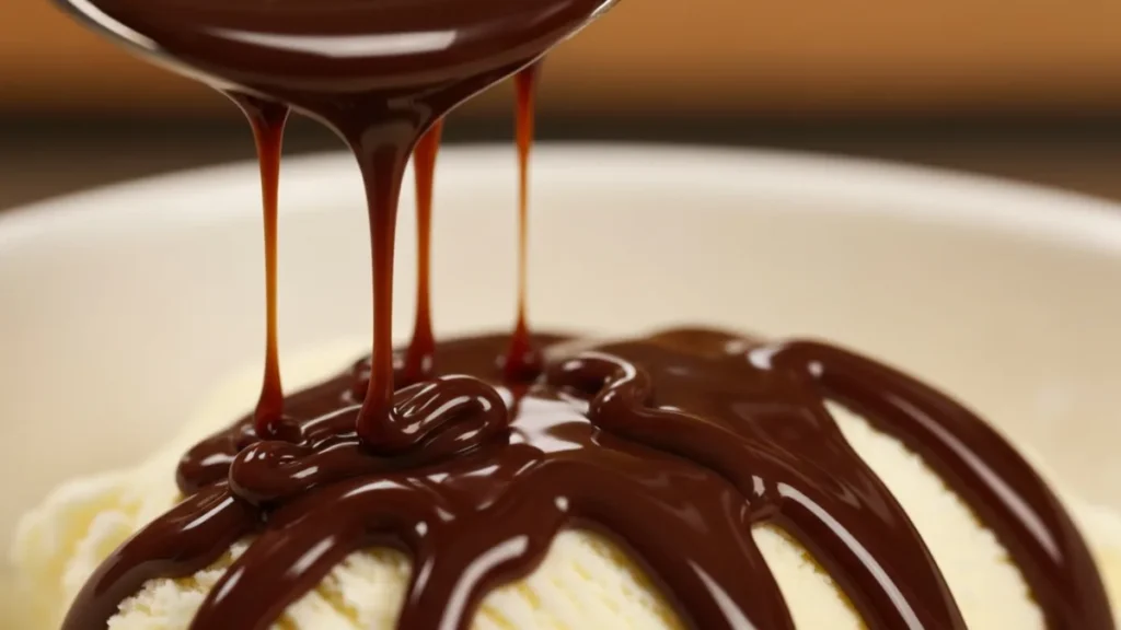 Thick homemade chocolate syrup drizzling from spoon onto vanilla ice cream