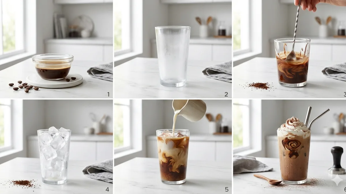 Step-by-step images showing iced mocha preparation, including mixing coffee and chocolate, adding ice, pouring milk, and finishing with whipped cream.