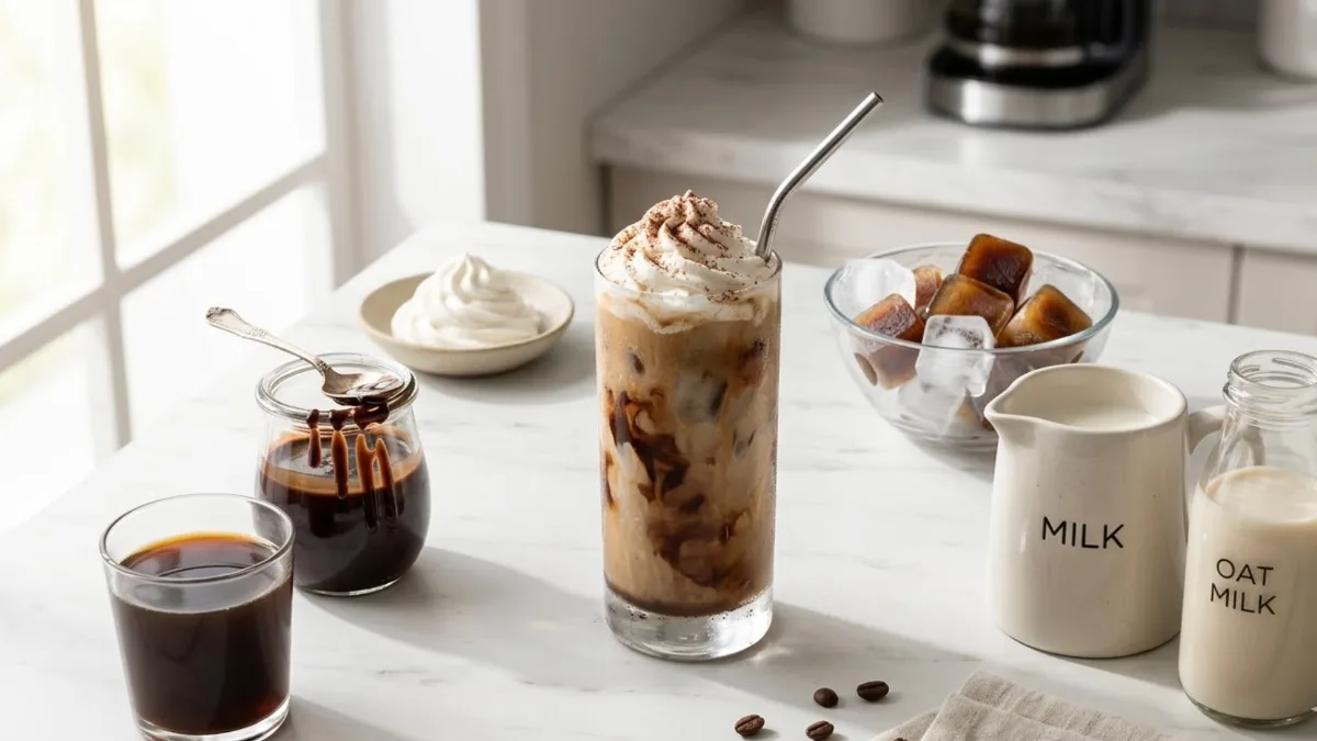 Ingredients for an iced mocha including brewed coffee, chocolate syrup, milk, ice cubes, and whipped cream arranged on a bright kitchen counter.