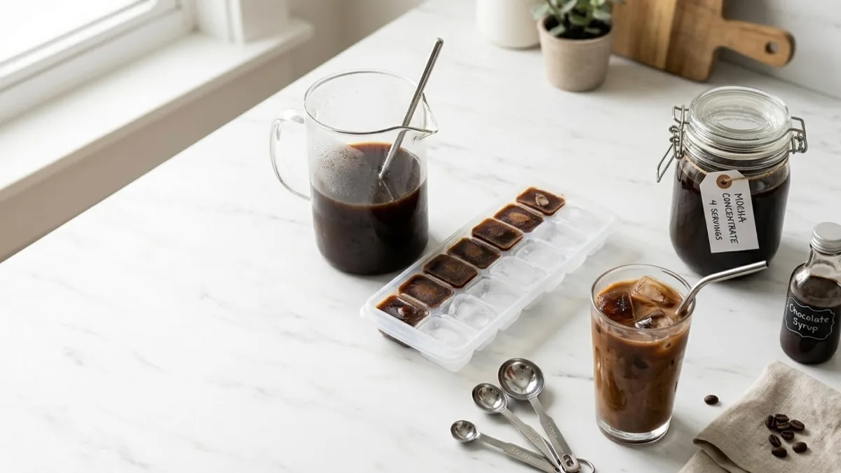 Glass pitcher of mocha concentrate with ice cube trays and ingredients
for batch iced mocha preparation on marble counter