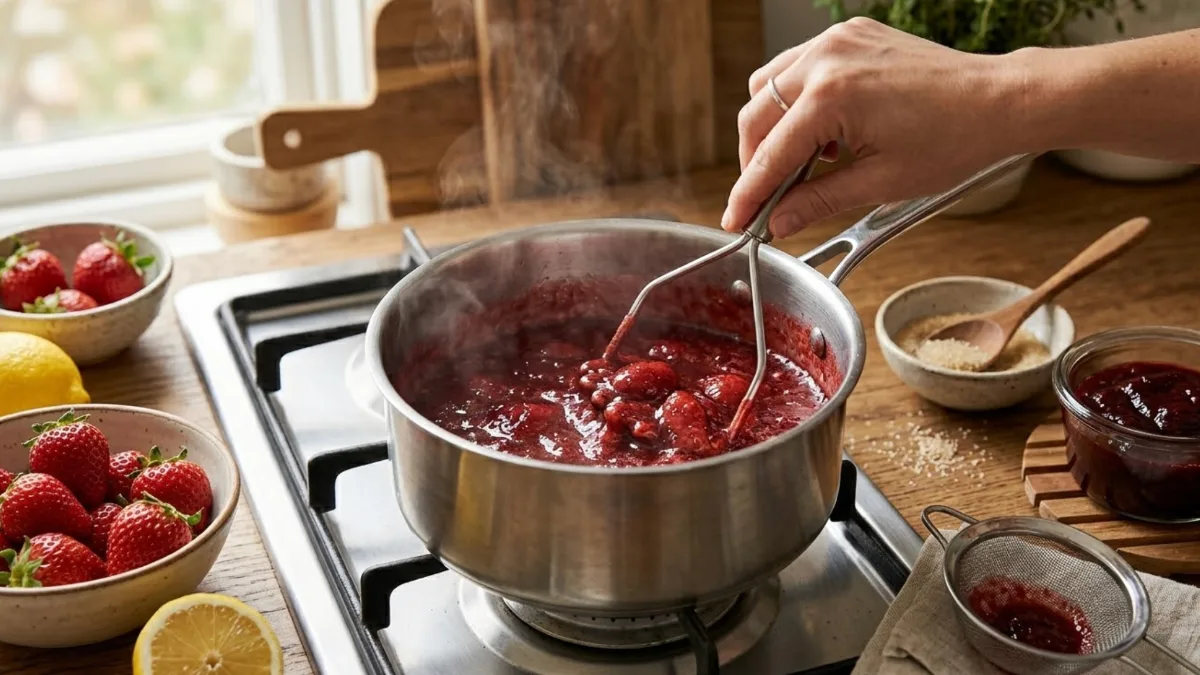 Strawberries simmering and being mashed in a saucepan to make thick stovetop pur&eacute;e