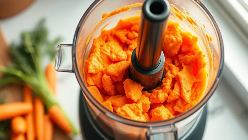 Fresh carrots being pureed into smooth baby food in kitchen food processor