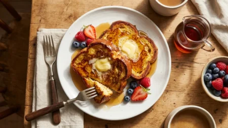 Golden brown challah French toast with melting butter and maple syrup on white plate