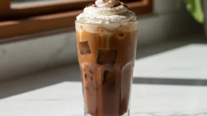 Perfect homemade iced mocha with coffee ice cubes and whipped cream