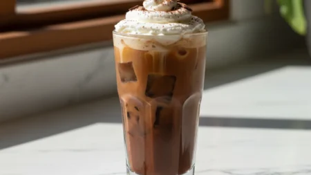Perfect homemade iced mocha with coffee ice cubes and whipped cream