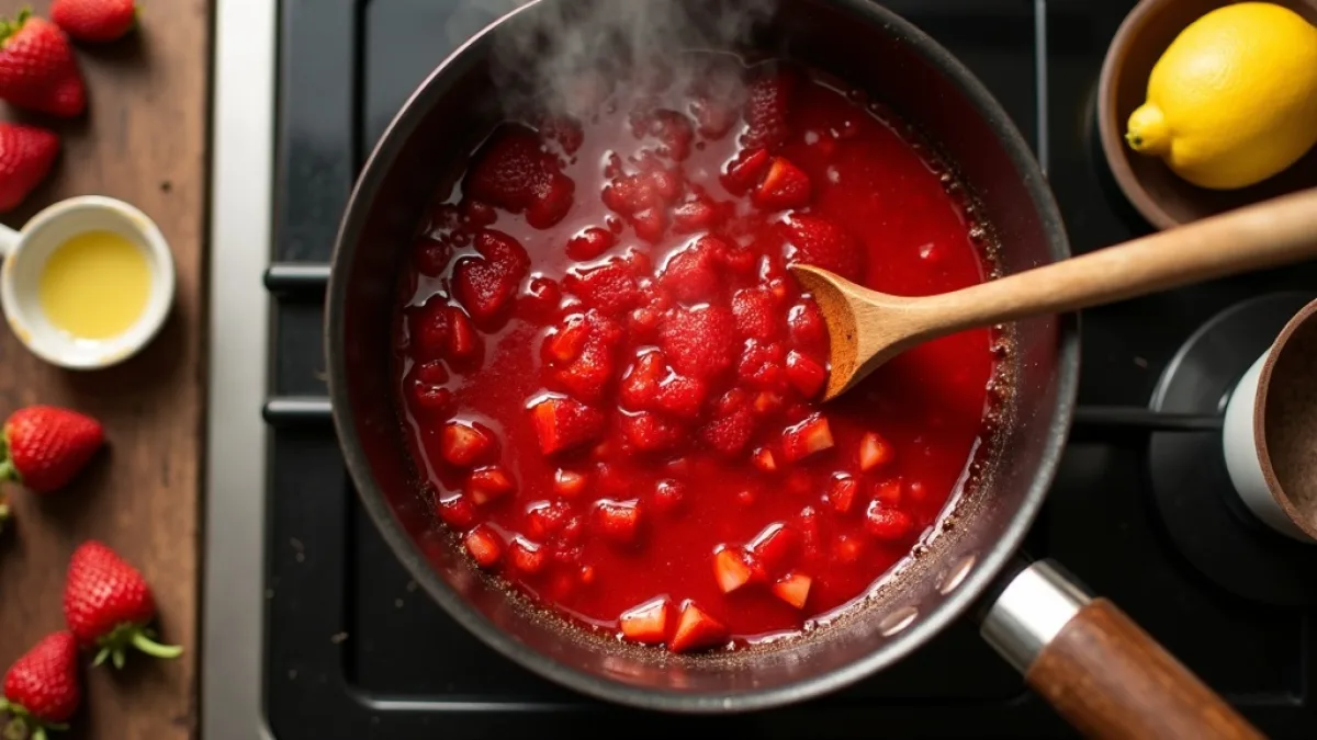 Thick strawberry puree simmering in saucepan with wooden spoon and ingredients
