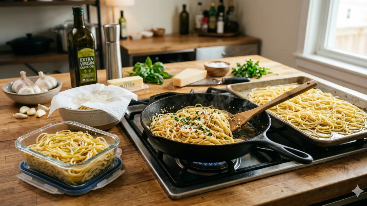A cast-iron skillet containing garlic pasta with herbs cooks on a lit gas stovetop burner, surrounded by various ingredients on a wooden kitchen counter: fresh garlic bulbs, an olive oil bottle, butter, herbs, and a wedge of Parmesan cheese. Also visible are a glass storage container of pasta, a paper towel-covered bowl of pasta, and a large sheet pan spread with cooked garlic pasta.
