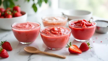 Three bowls of strawberry puree in different consistencies with fresh berries