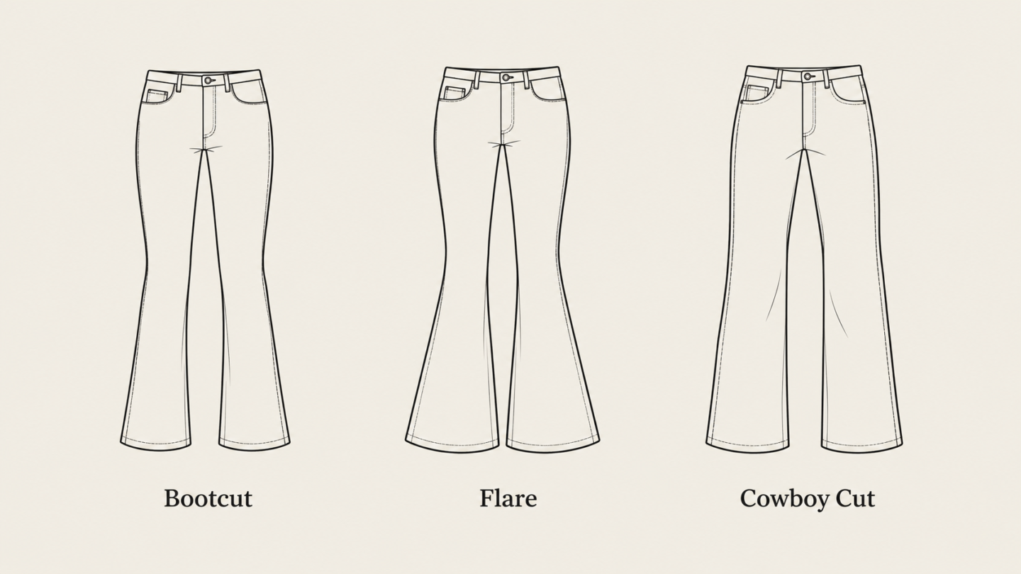 What are Bootcut Jeans, Flare Jeans and Cowboy Cut Jeans, an illustration comparison