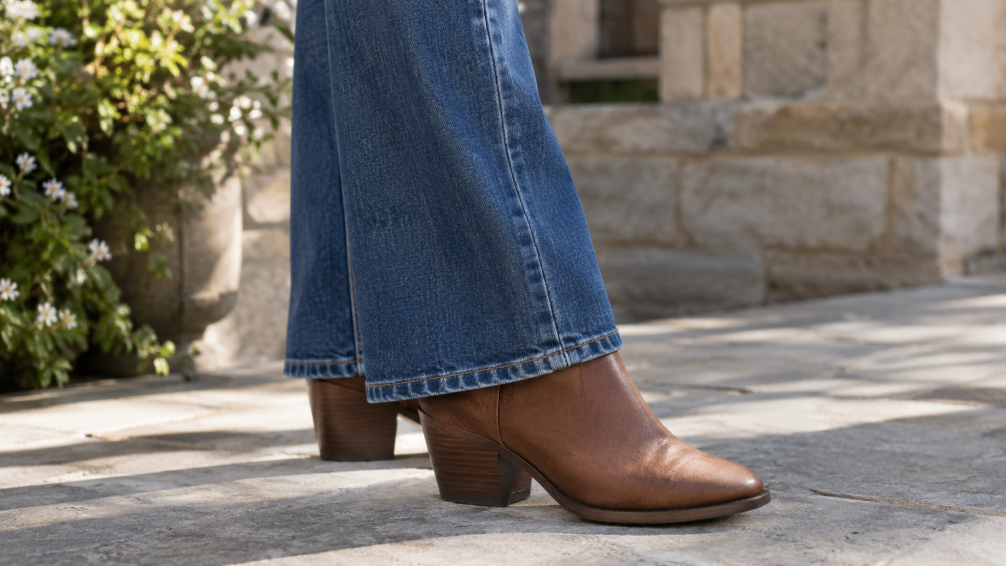 Proper bootcut jean hem length over boots